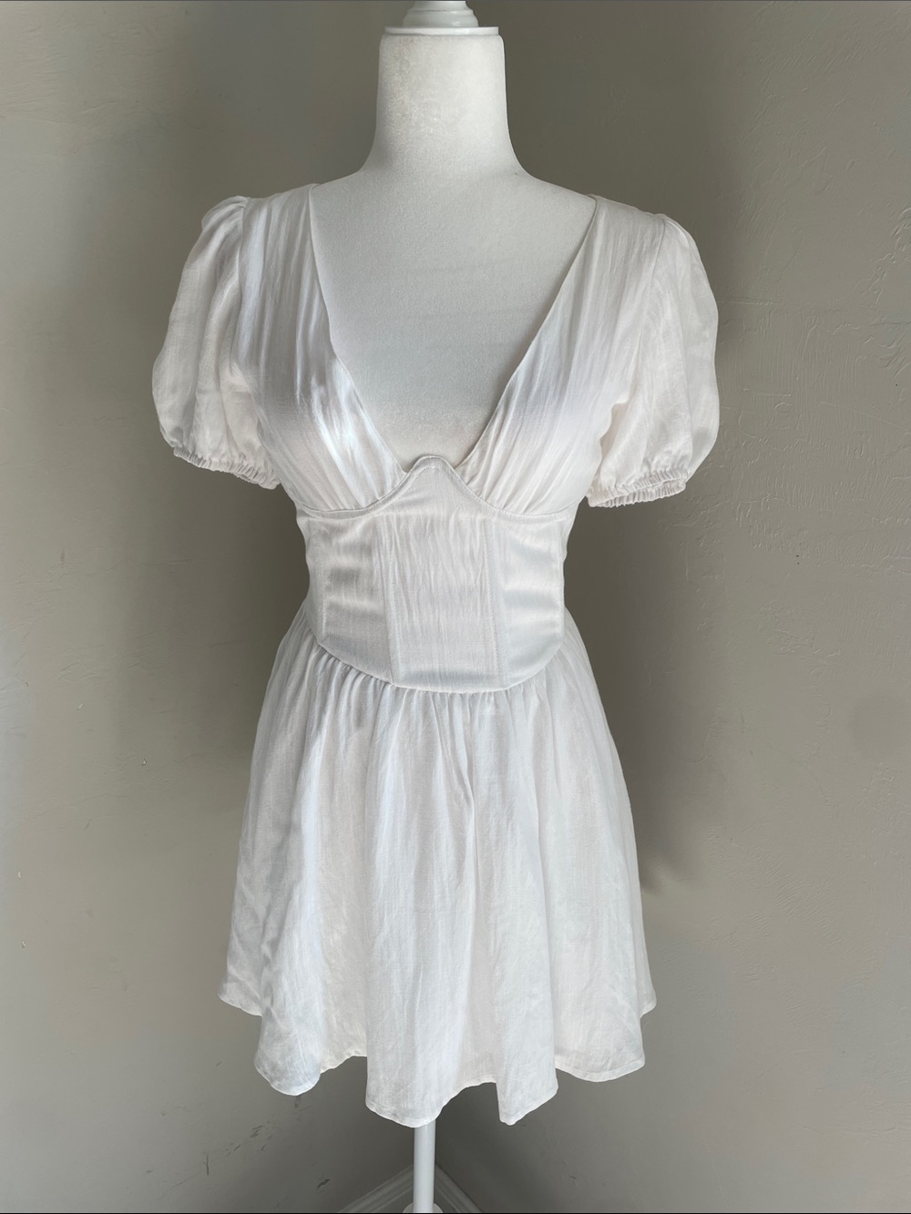 White Puff Sleeve Mini Dress with Corset Style Underwire Summer Sundress